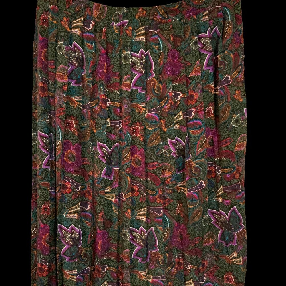 Vintage Koret Petites Maxi Floral Pleated lightweight Skirt Women 8 Green